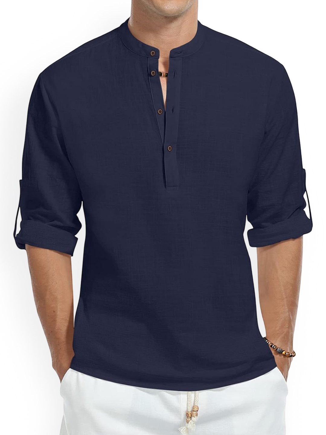 

Fifth U Band Collar Roll-Up Sleeves Straight Short Kurta, Navy blue