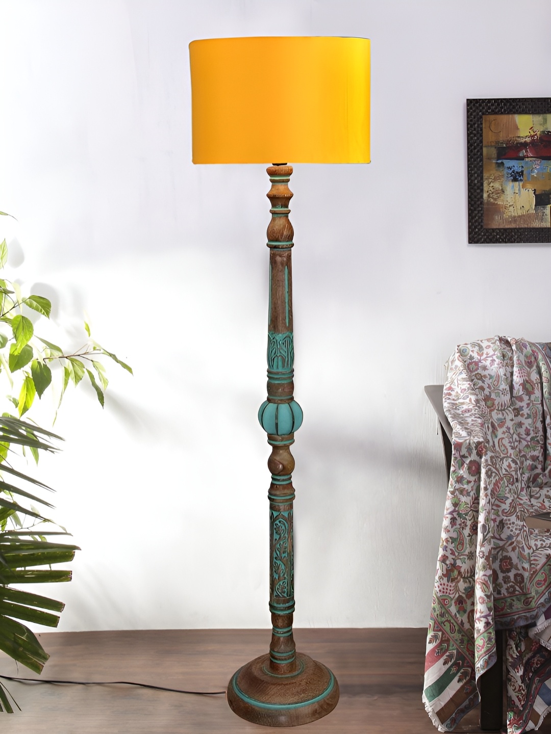 

Devansh Yellow & Turquoise Blue Cylindrical Shaped Traditional Wooden Floor Lamp