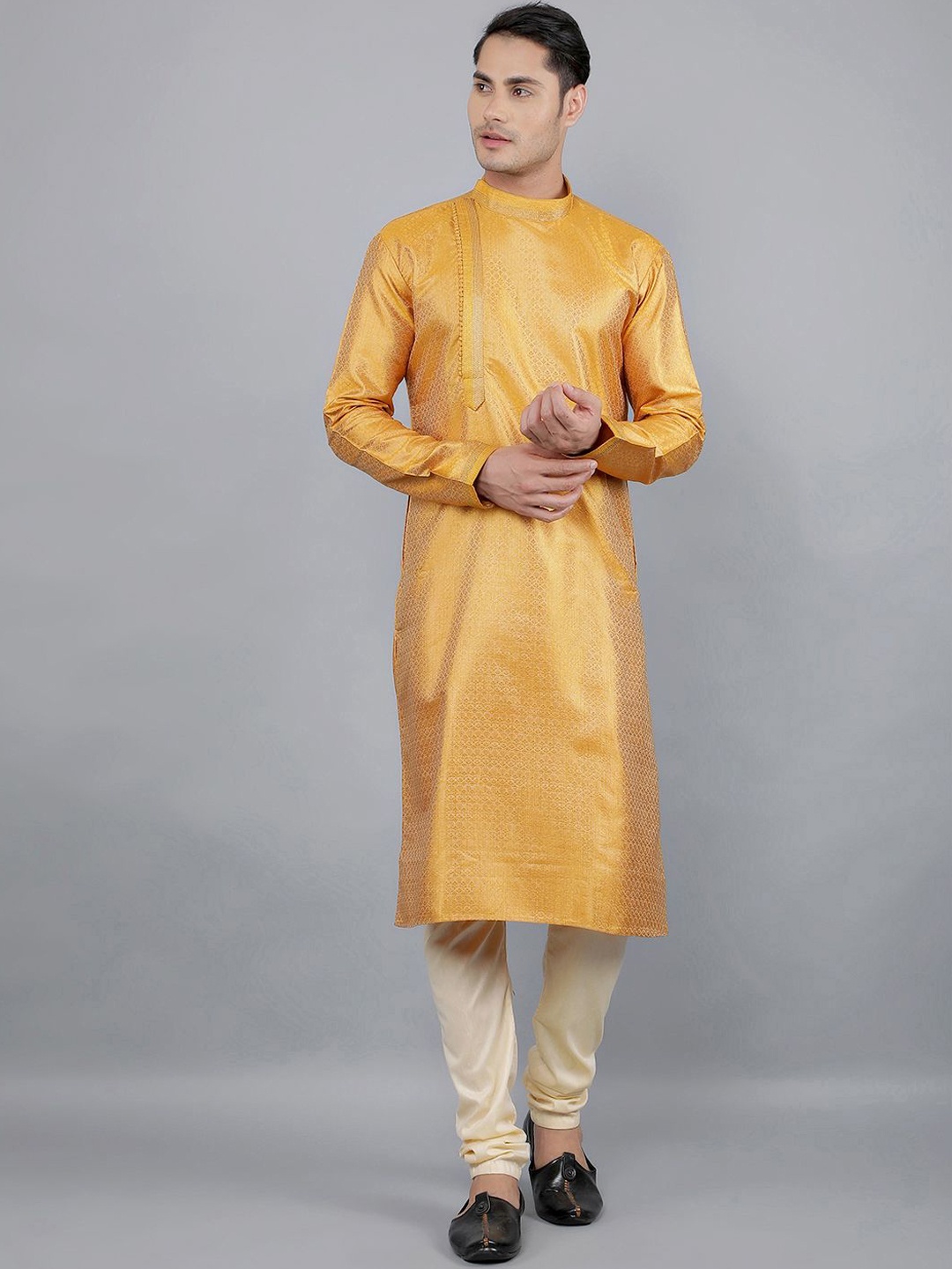 

Manish Creations Geometric Woven Design Band Collar Jacquard Kurta with Churidar, Mustard