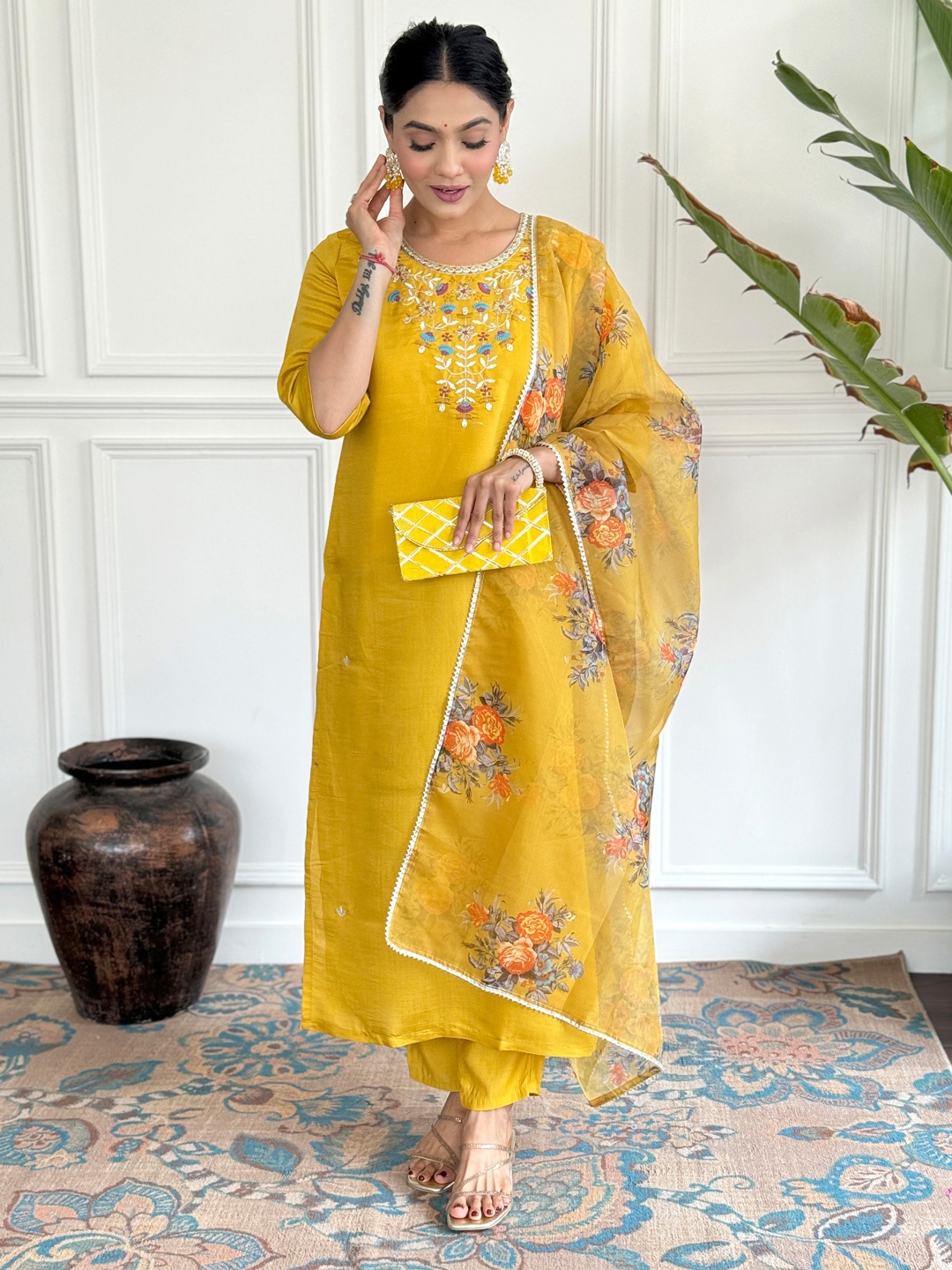 

KALINI Mustard Embroidered Chanderi Silk Straight Kurta Pant Dupatta, Yellow