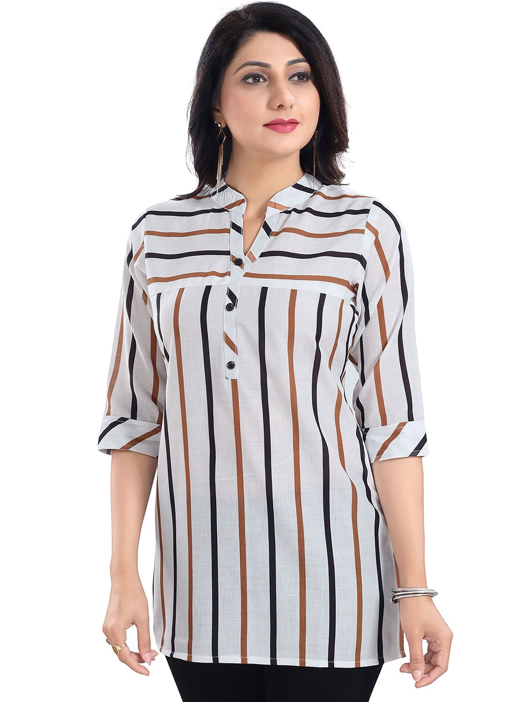 

Meher Impex Print Mandarin Collar Top, White