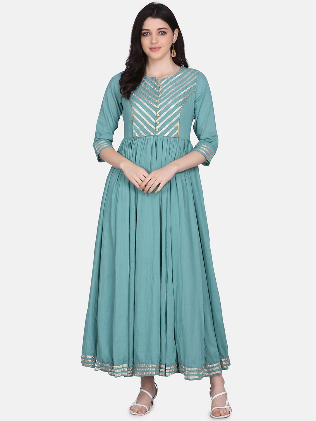 

DIVASTRI Striped Yoke Design Three-Quarter Sleeves Empire Gotta Patti Pure Cotton Kurta, Green