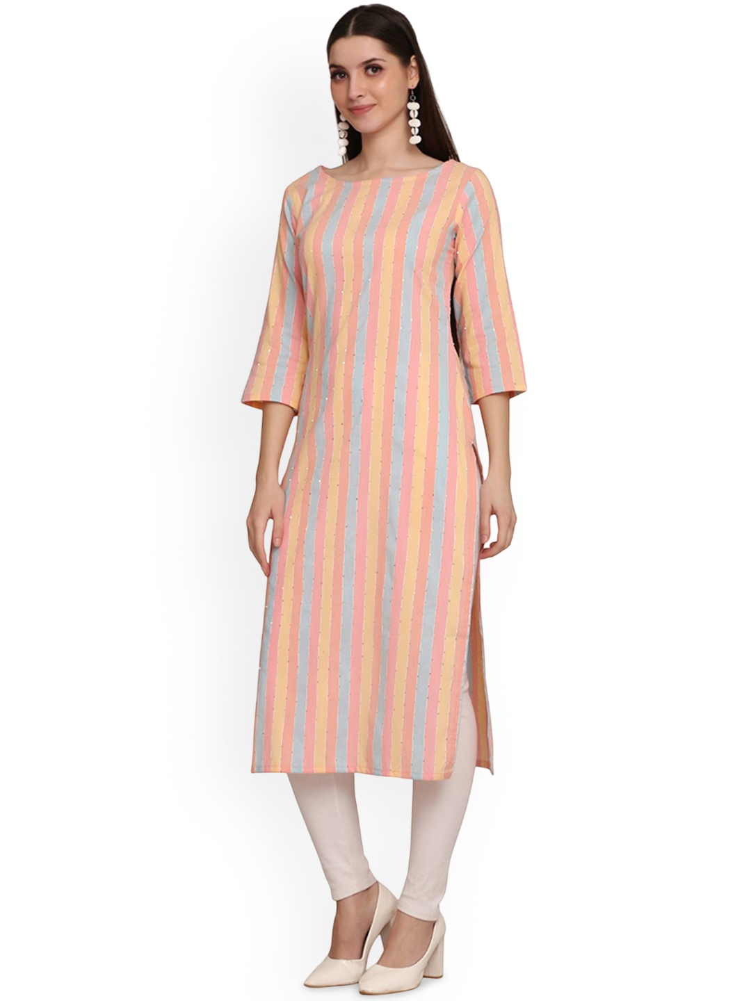 

DIVASTRI Striped Round Neck Three-Quarter Sleeves Sequinned Straight Kurta, Yellow