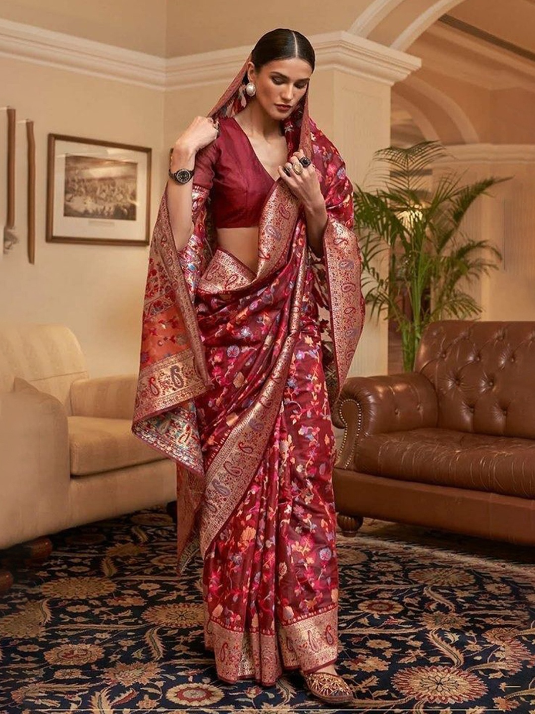 

KALINI Woven Design Zari Art Silk Kanjeevaram Saree, Maroon