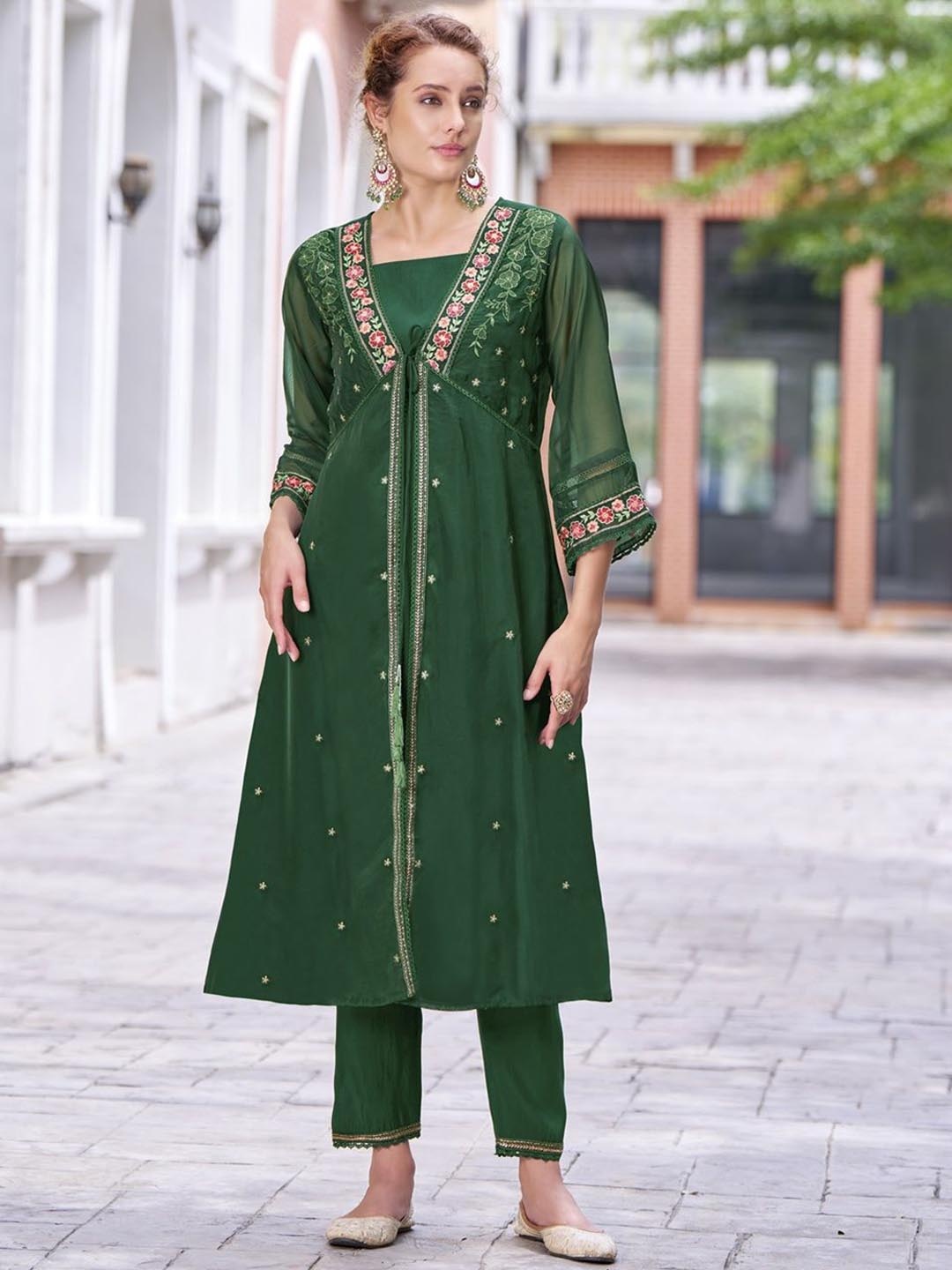 

DRESOUL Embroidered Shrug Top & Trousers, Green