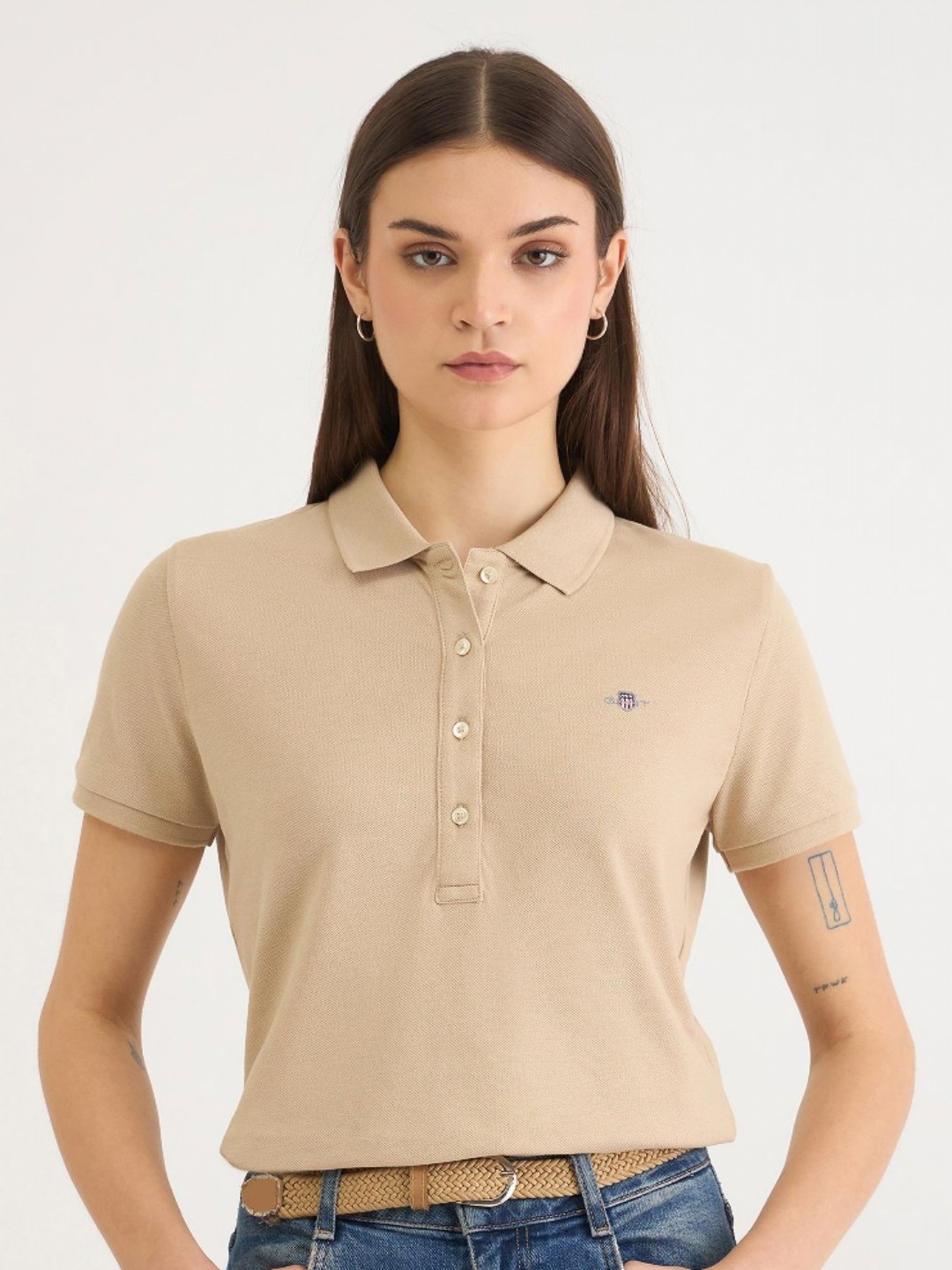 

GANT Women Polo Collar Pure Cotton Slim Fit T-shirt, Beige