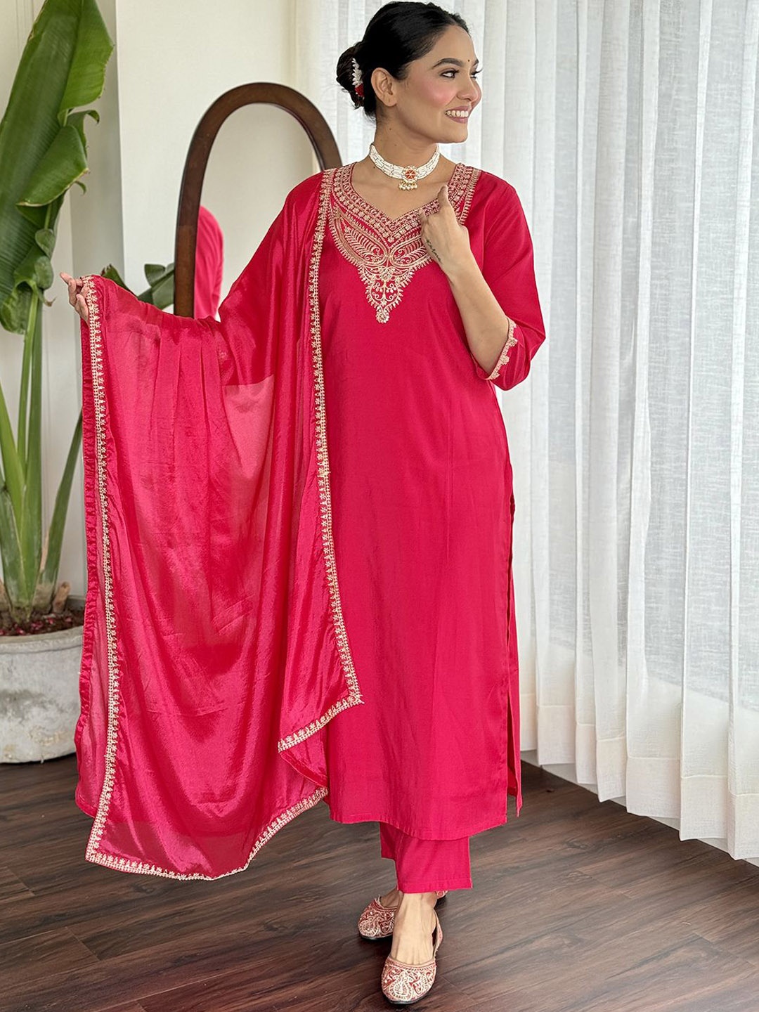 

KALINI Embroidered Thread Work Chanderi Silk Kurta with Trousers & Dupatta, Pink