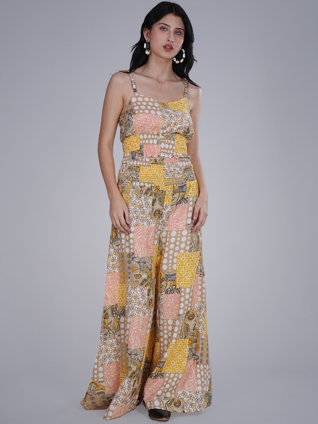 

BAESD Floral Printed Shoulder Straps Pure Silk Top With Palazzos, Yellow