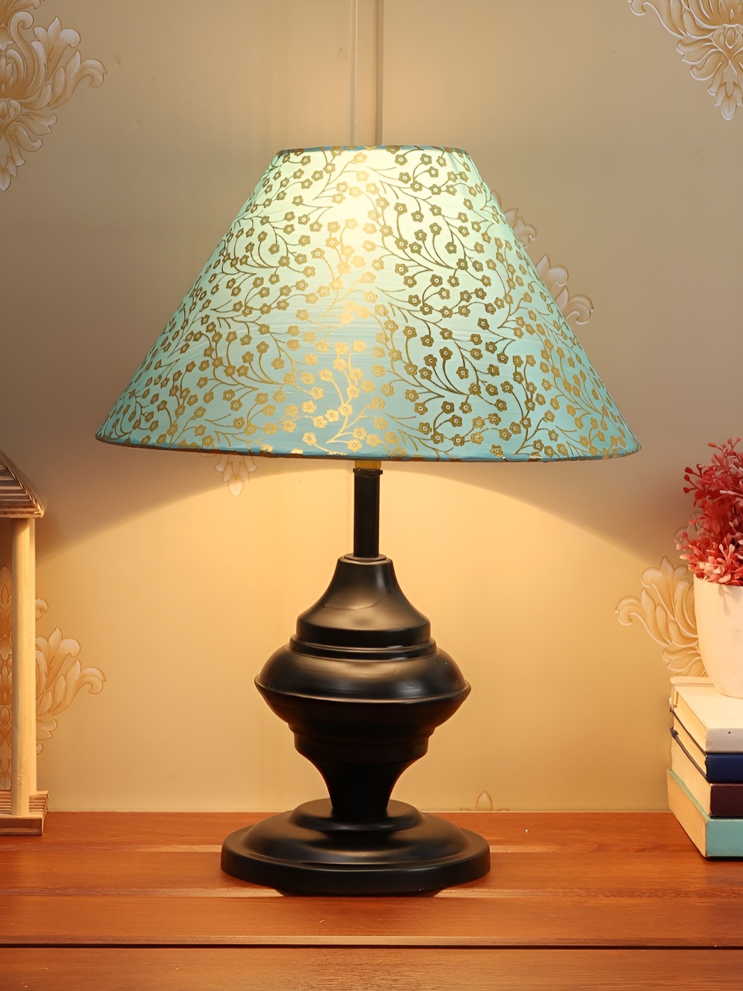 

BrightDaisy Green & Gold-Toned Printed Frusturical Shaped Table Lamp
