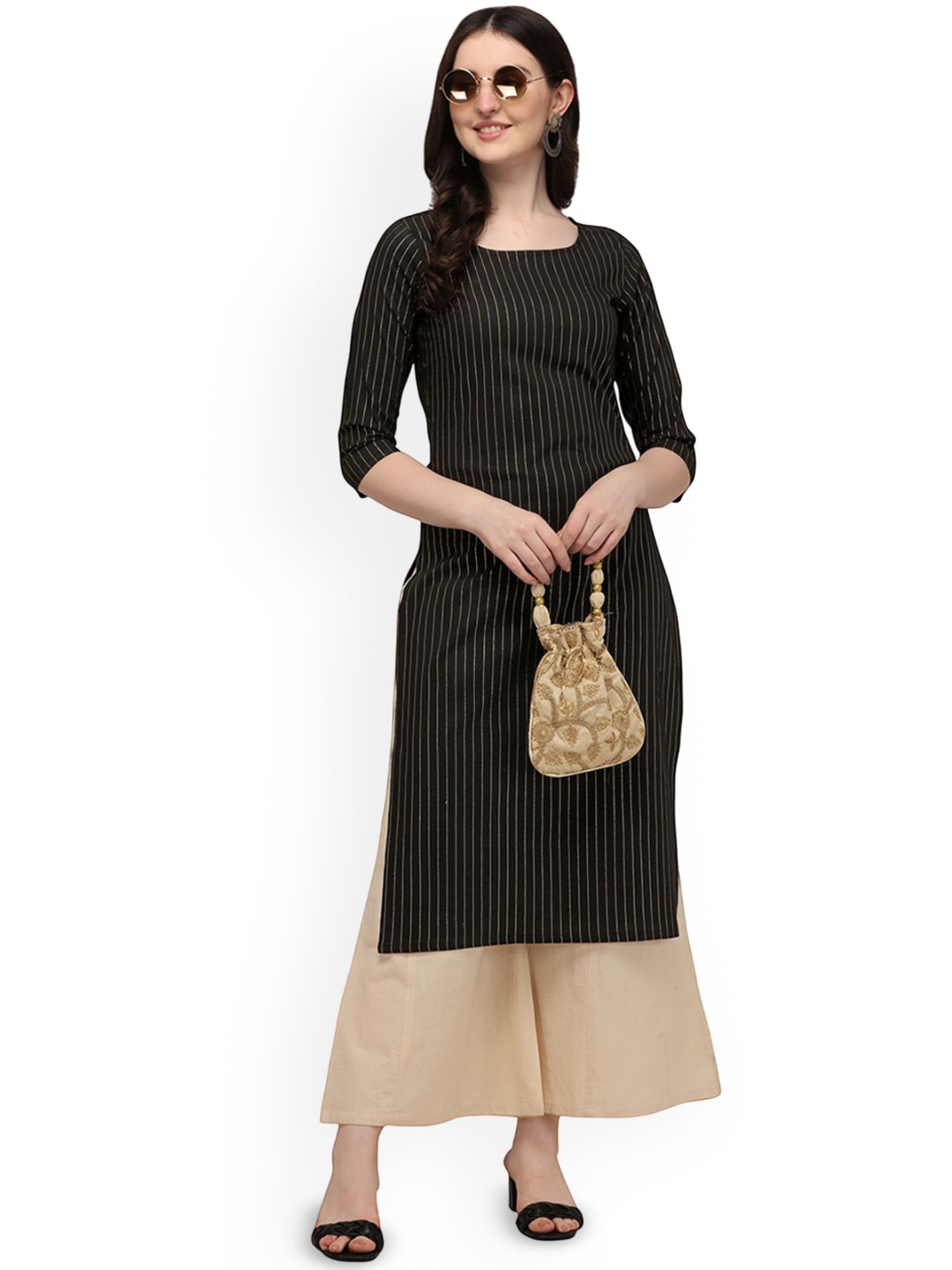 

DIVASTRI Striped Round Neck Three-Quarter Sleeves Straight Kurta, Black