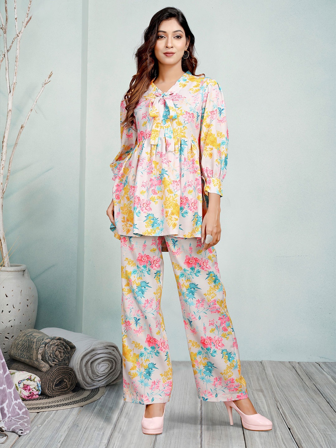 

Snowdrip Printed V Neck Tunic With Trousers Co-Ords, White