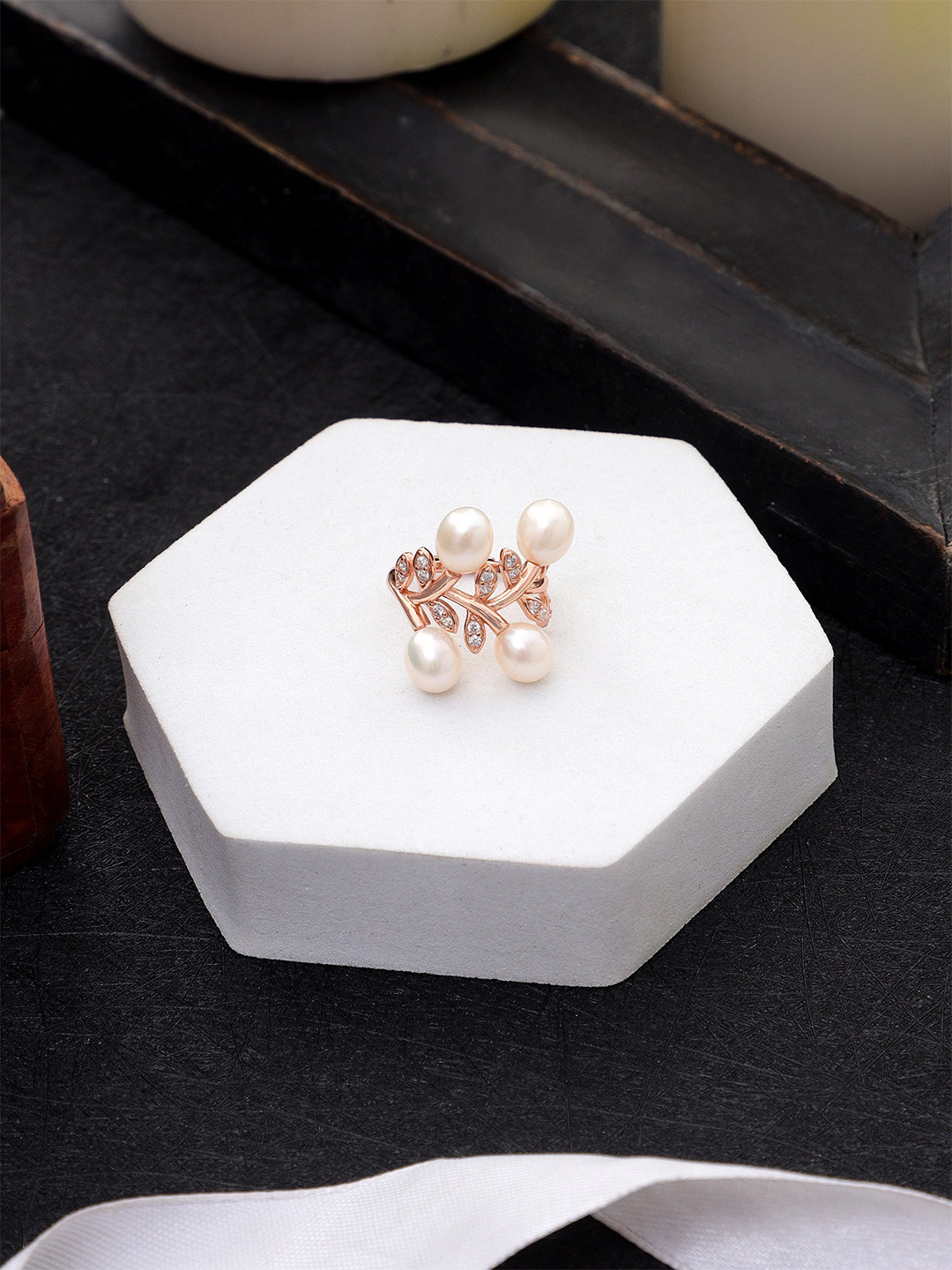 

DIAVO 925 Sterling Silver Rose Gold-Plated CZ Studded & Pearls Beaded Finger Ring