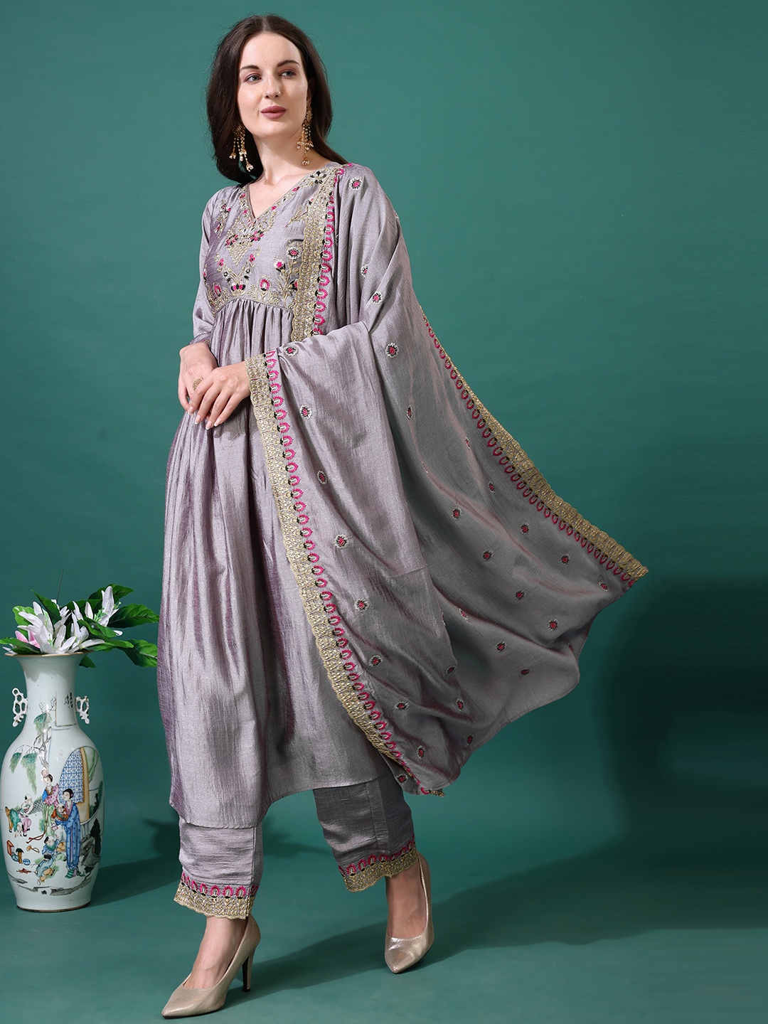 

KALINI Floral Embroidered V-Neck A-Line Kurta With Palazzos And Dupatta, Grey