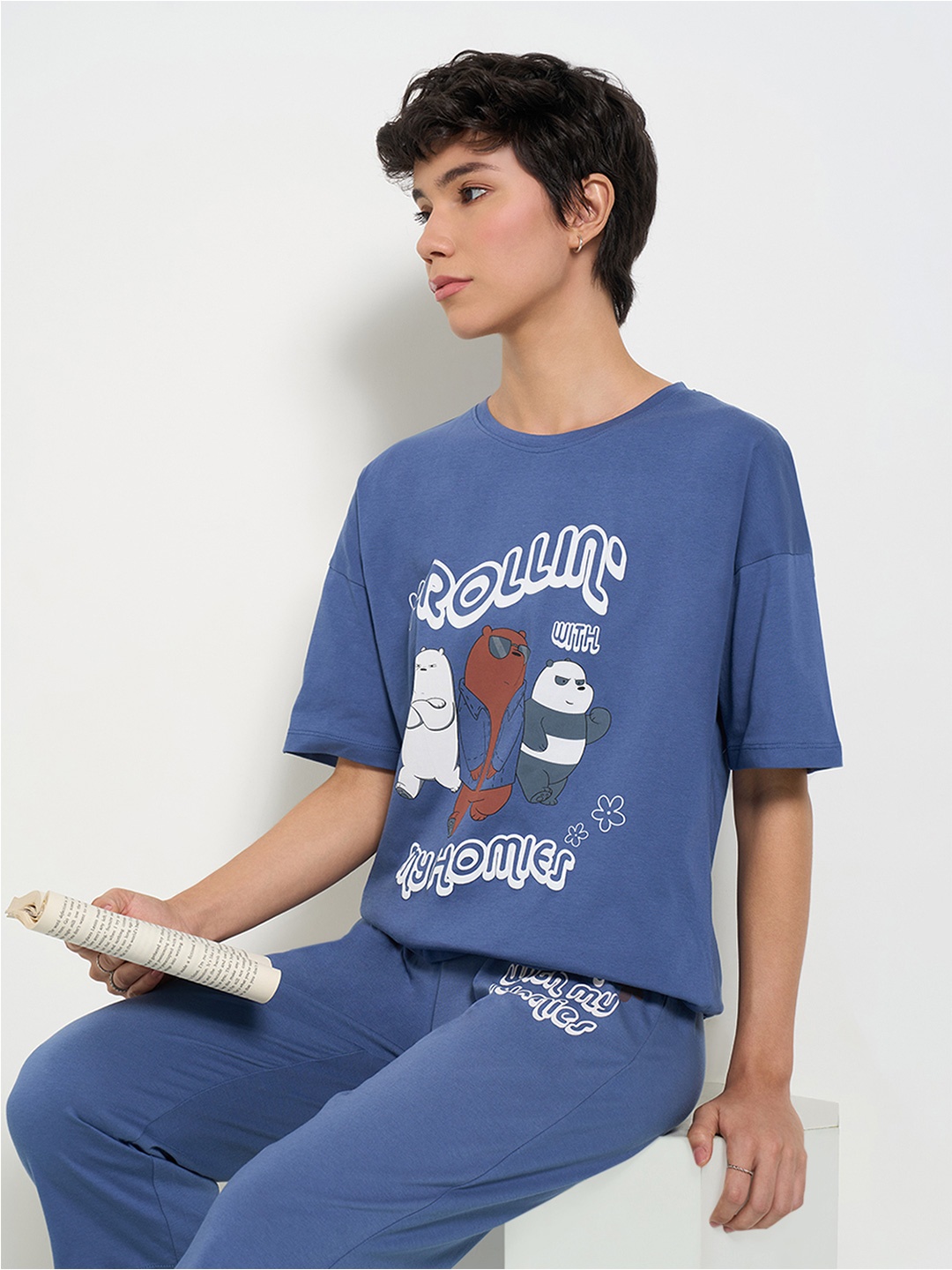 

Dreamz by Pantaloons Women Printed Pure Cotton Lounge T-Shirt, Blue