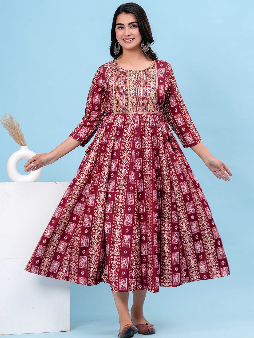 

HEARTLOOM Ethnic Motifs Print Fit & Flare Ethnic Dress, Maroon