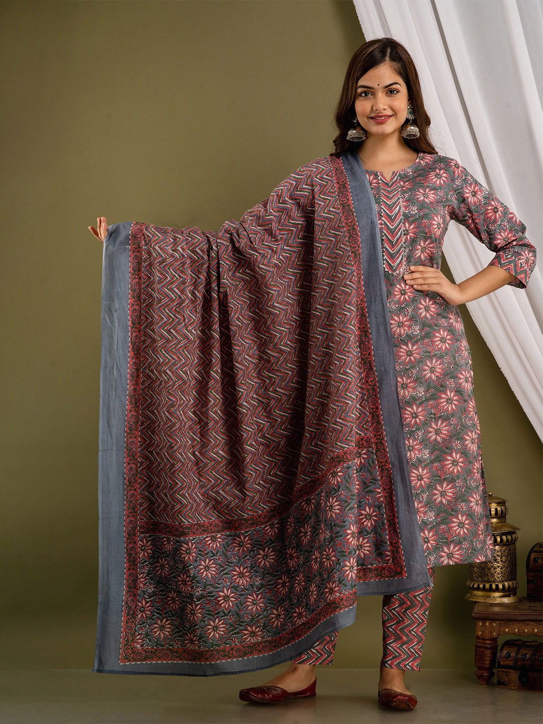 

Prathmikta Floral Printed Pure Cotton Straight Kurta With Trousers And Dupatta, Grey