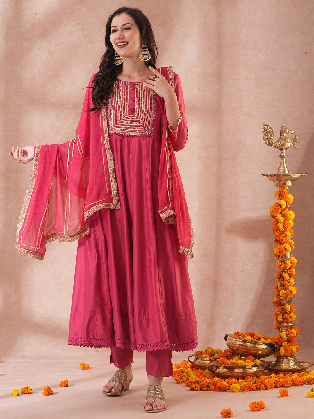 

FASHOR Floral Yoke Design Mirror Work Anarkali Kurta With Trousers & Dupatta, Pink