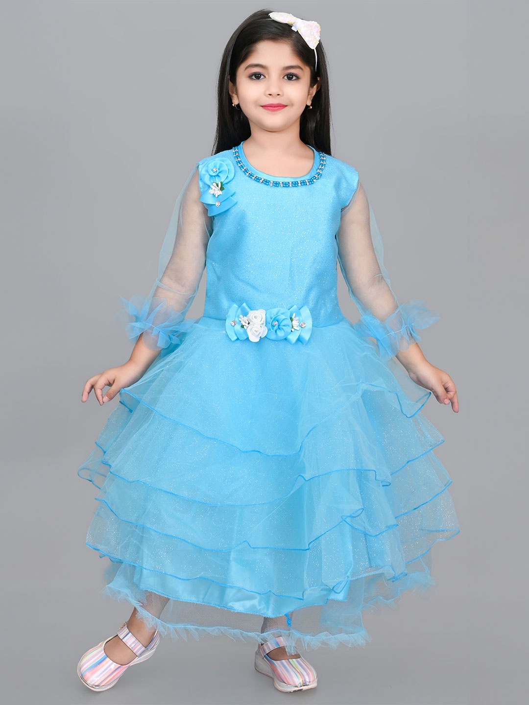

Zenat Flared Sleeve Layered Net Fit & Flare Dress, Blue