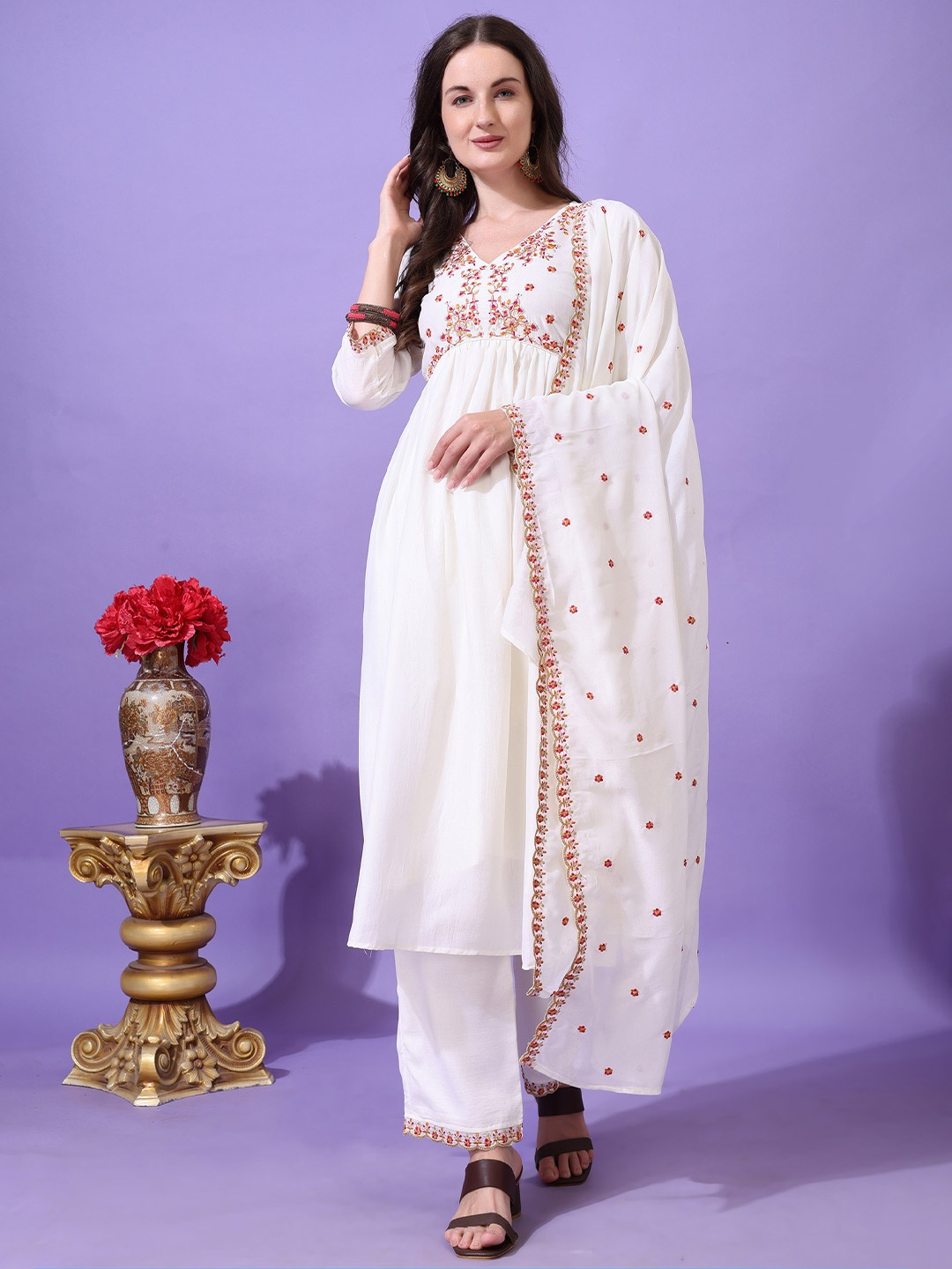 

KALINI Floral Embroidered V-Neck A-Line Thread Work Kurta With Palazzos And Dupatta, White