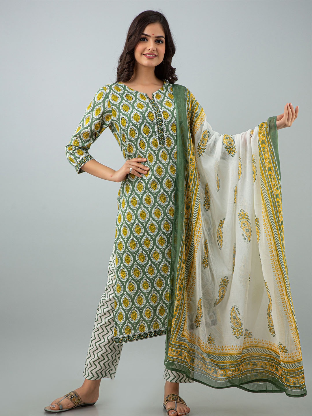 

Prathmikta Floral Printed Pure Cotton Straight Kurta With Trousers And Dupatta, Green