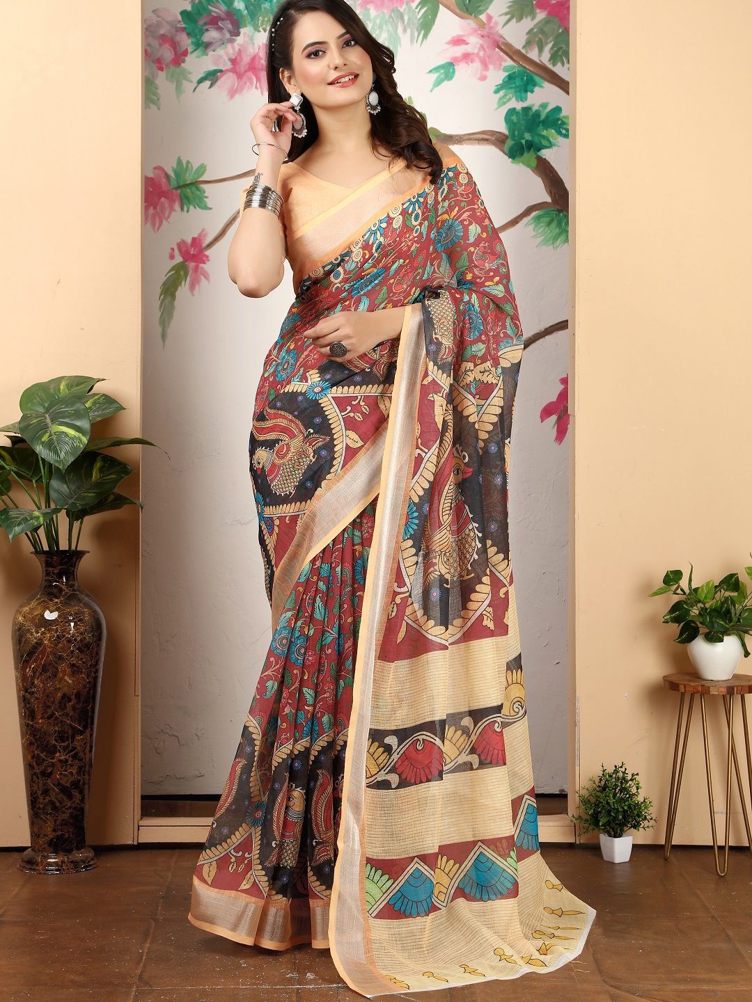 

Iris Floral Pure Cotton Saree, Maroon