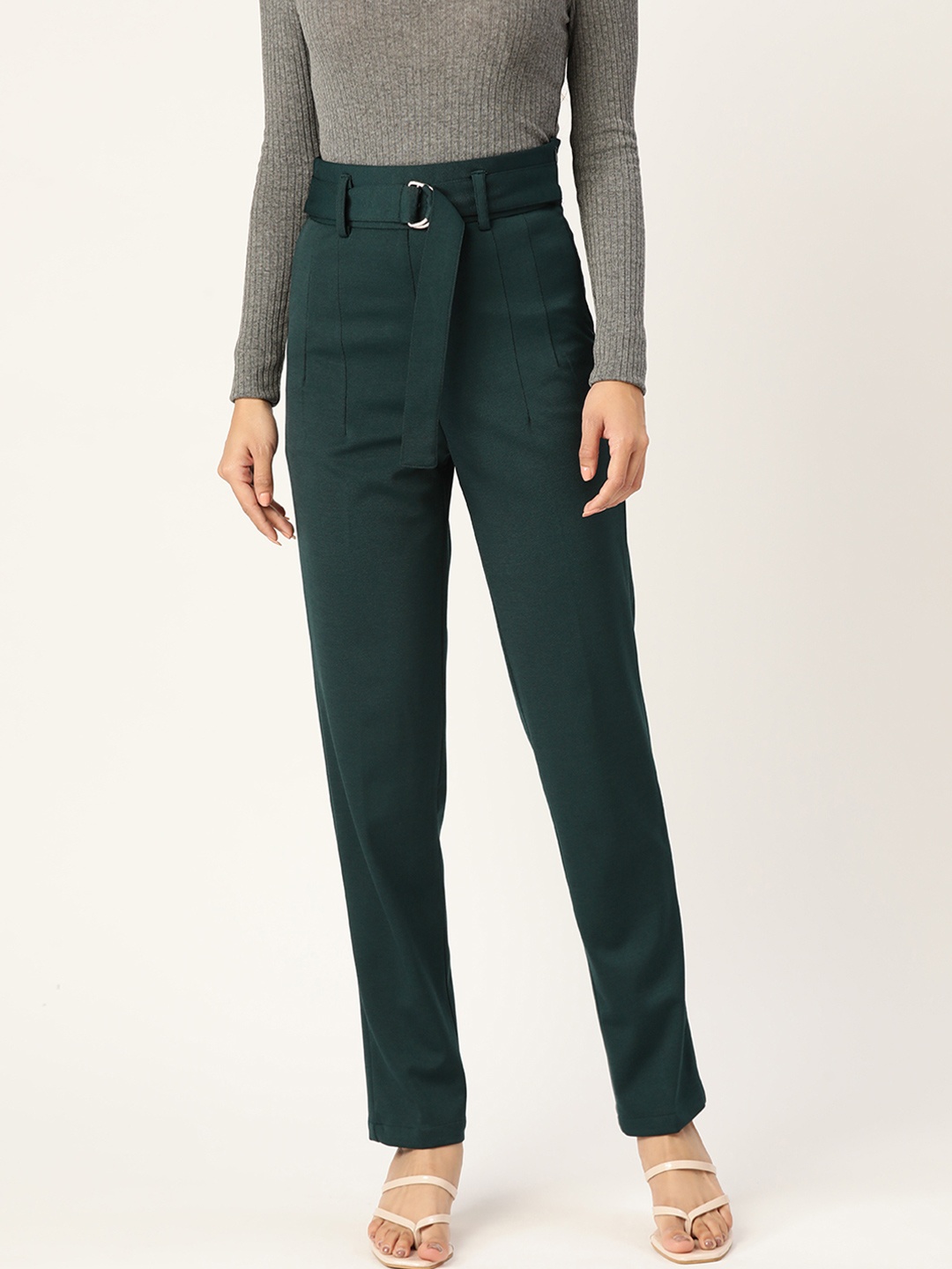 

Zastraa Women Smart Slim Fit High-Rise Pleated Trousers, Green