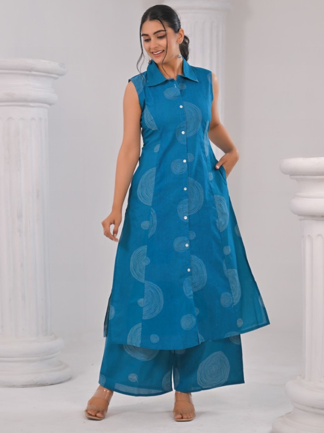 

AUTUMN LANE Geometric Printed Shirt Collar Pure Cotton A-Line Kurta With Palazzos, Teal
