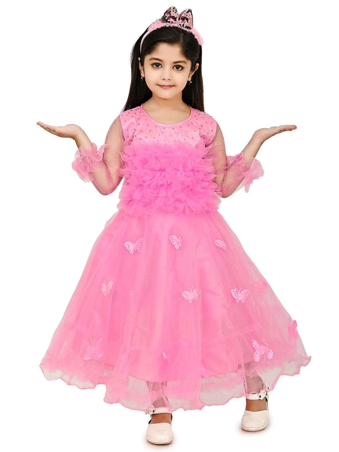 

Zenat Flared Sleeve Layered Net Fit & Flare Dress, Pink