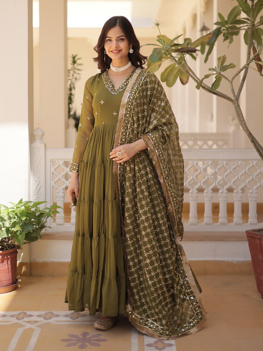 

ZIBLON Embroidered Gown Maxi Ethnic Dresses With Dupatta, Green