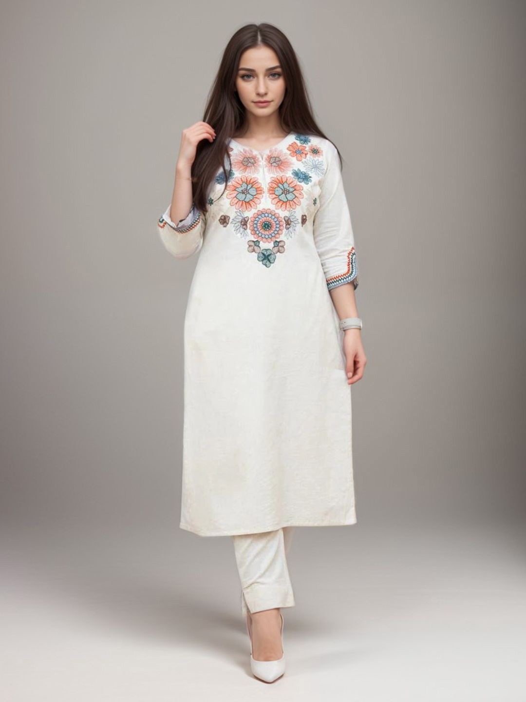 

Fabmoha Floral Embroidered Notch-Neck Straight Kurta With Trousers, Off white