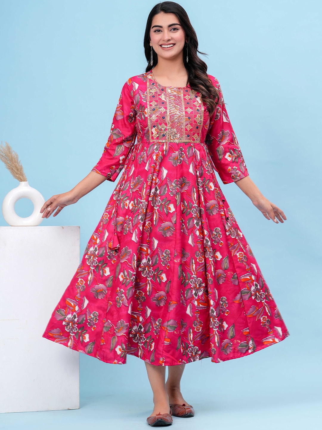 

HEARTLOOM Floral Printed Anarkali Midi Dress, Pink
