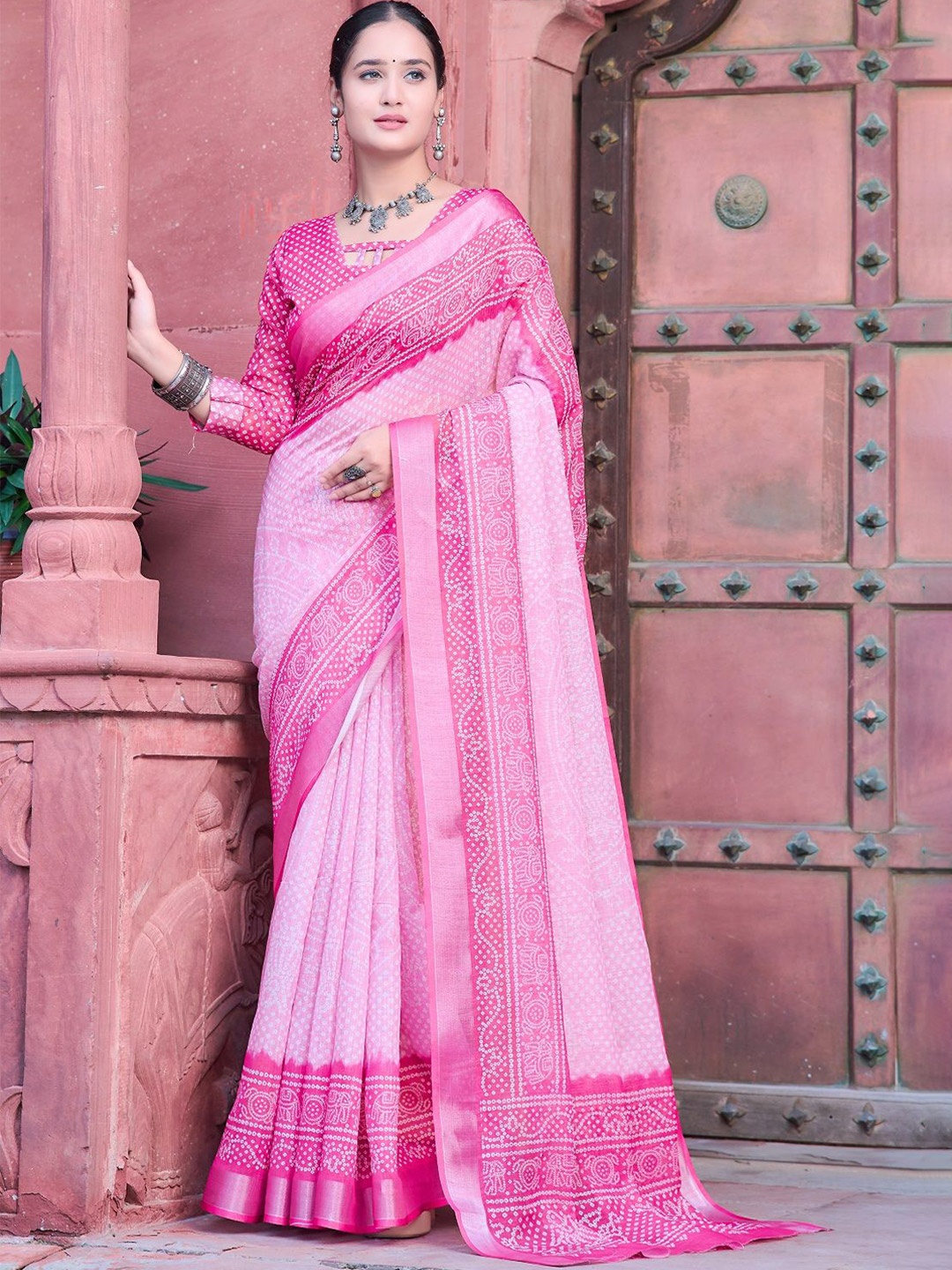 

Iris Polka Dot Zari Pure Cotton Saree, Pink