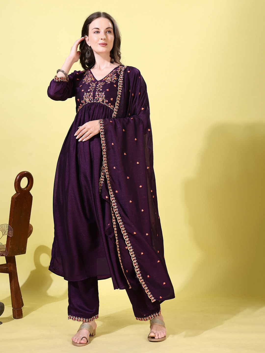 

KALINI Embroidered V-Line Anarkali Kurta With Palazzos And Dupatta, Purple