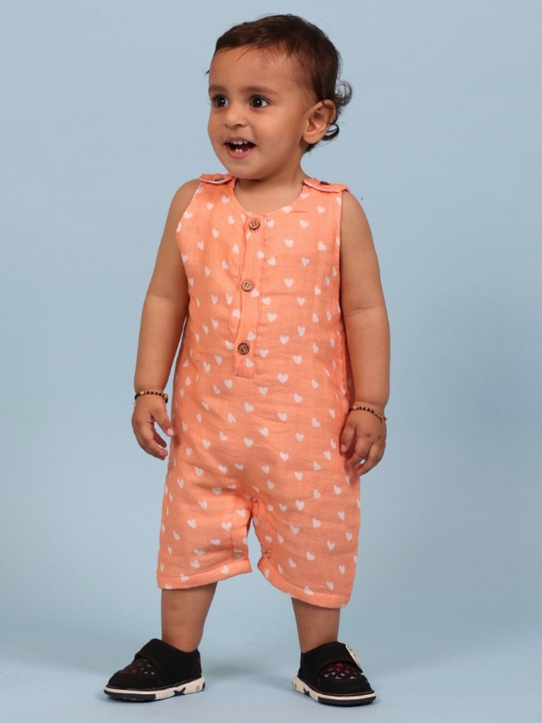 

MAMA AND PEACHES Kids Hearts Printed Muslin Cotton Double Layer Romper, Orange