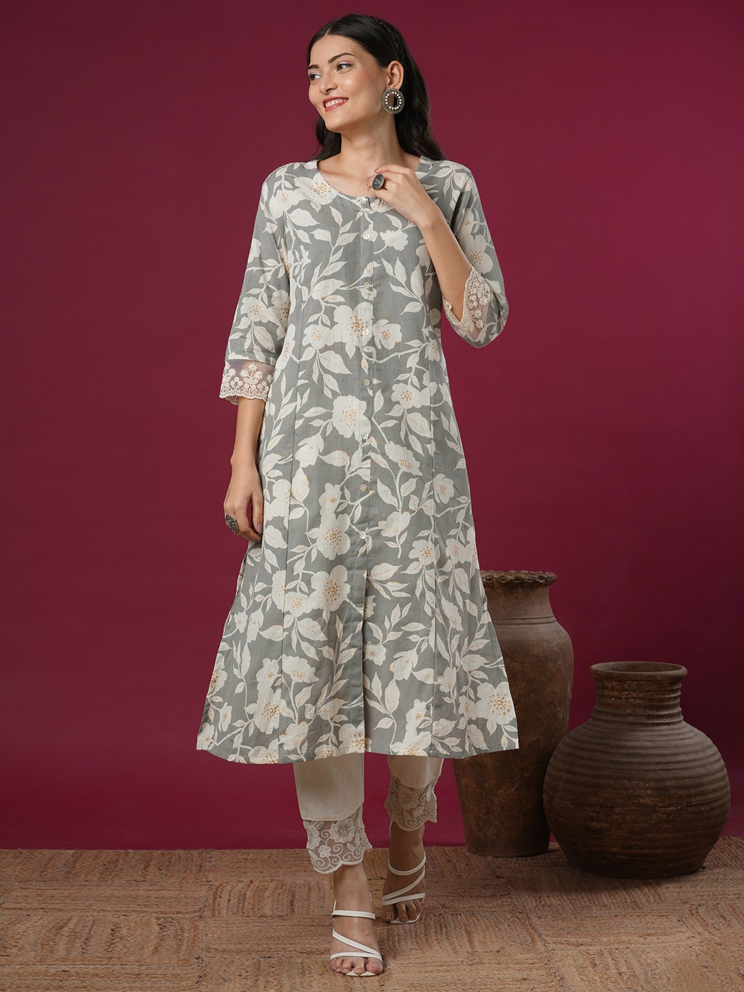

FASHOR Floral Printed Pure Cotton Round Neck A-Line Kurta, Grey