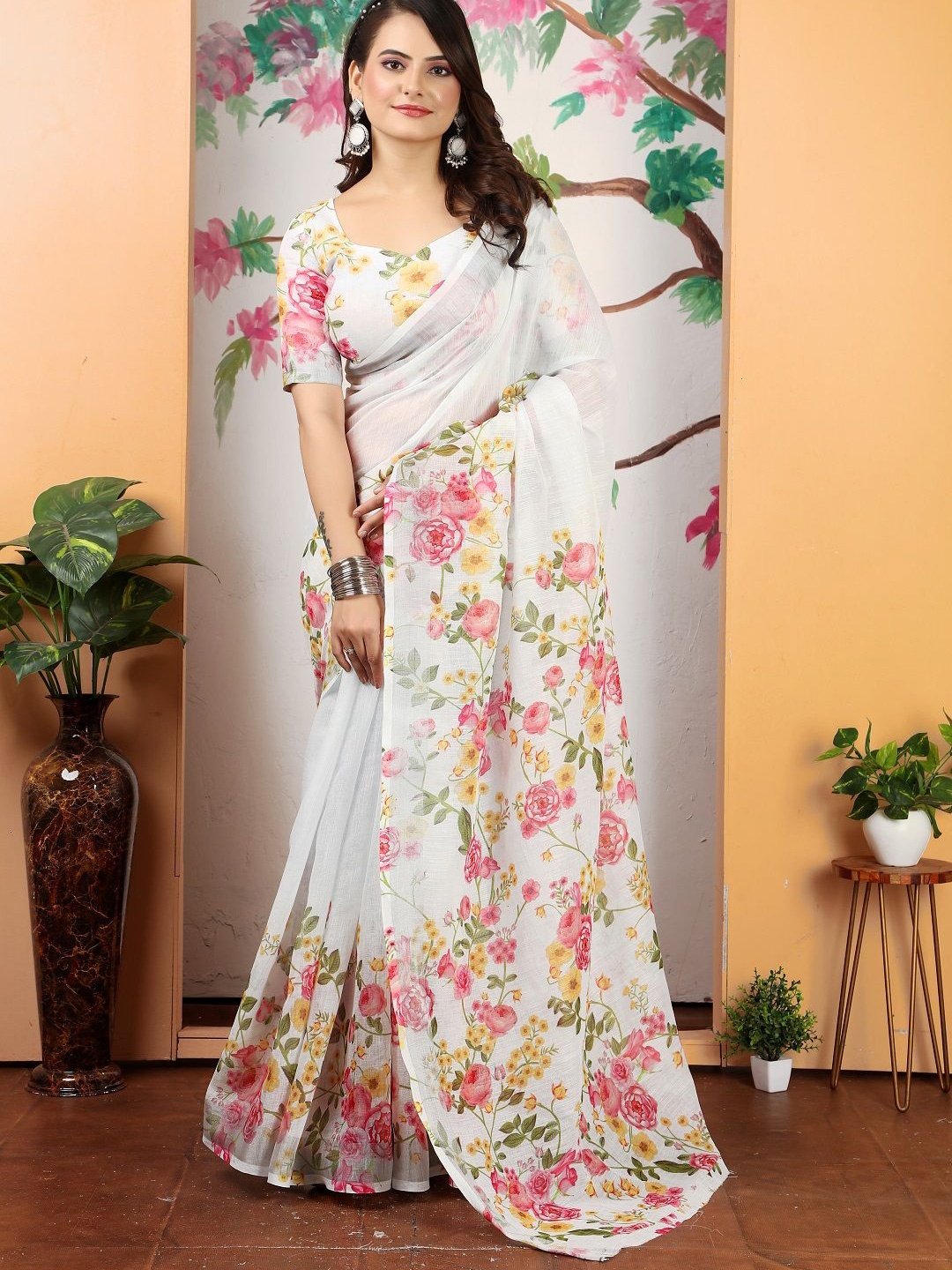 

Iris Floral Zari Pure Cotton Saree, White