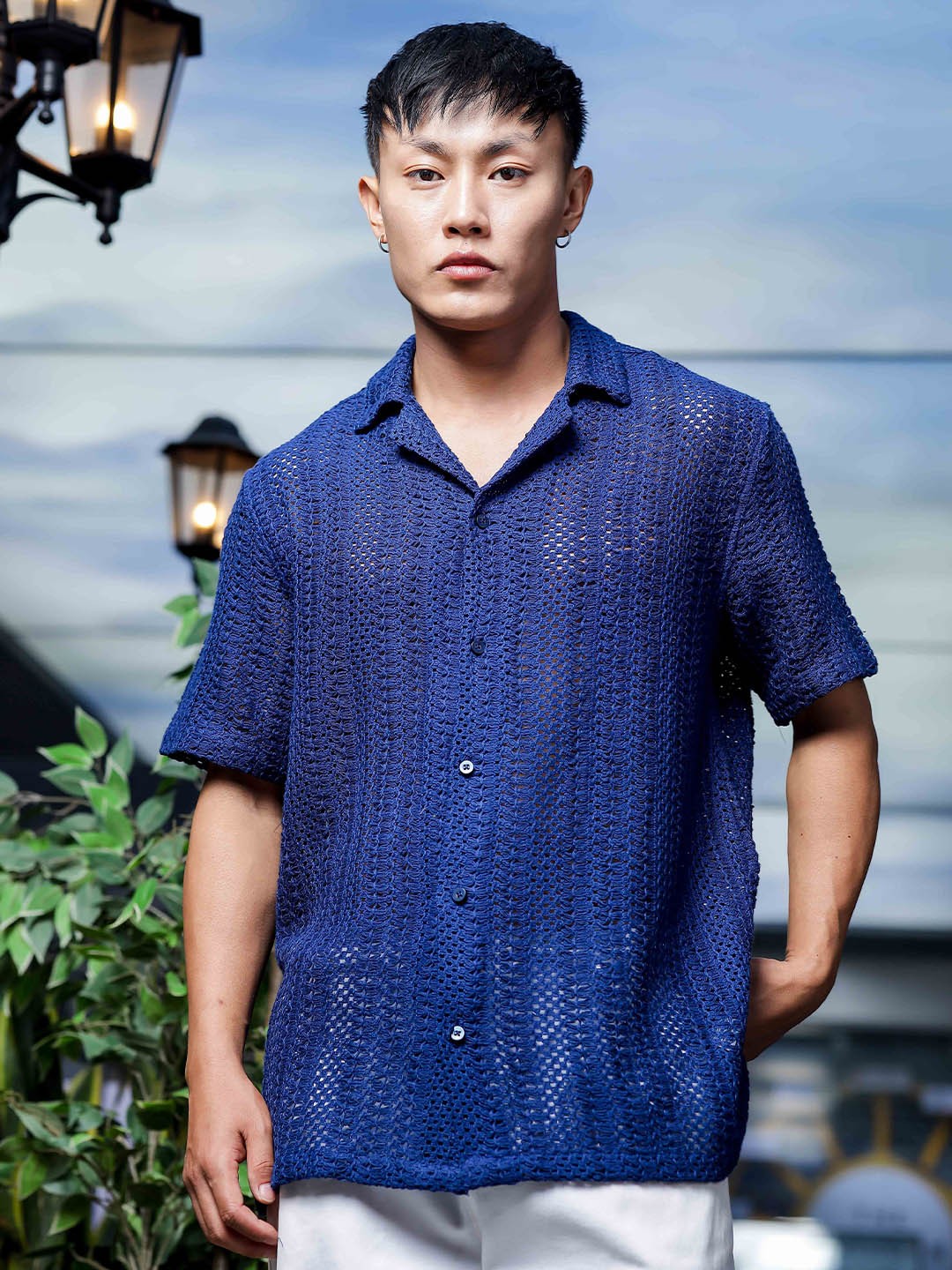

House of Koala Unisex Crochet Open Knit Relaxed Fit Pure Cotton Resort Shirt, Blue