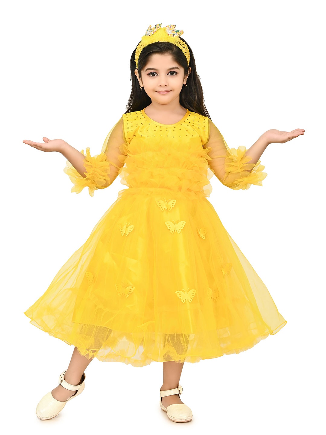 

Zenat Flared Sleeve Layered Net Fit & Flare Dress, Yellow