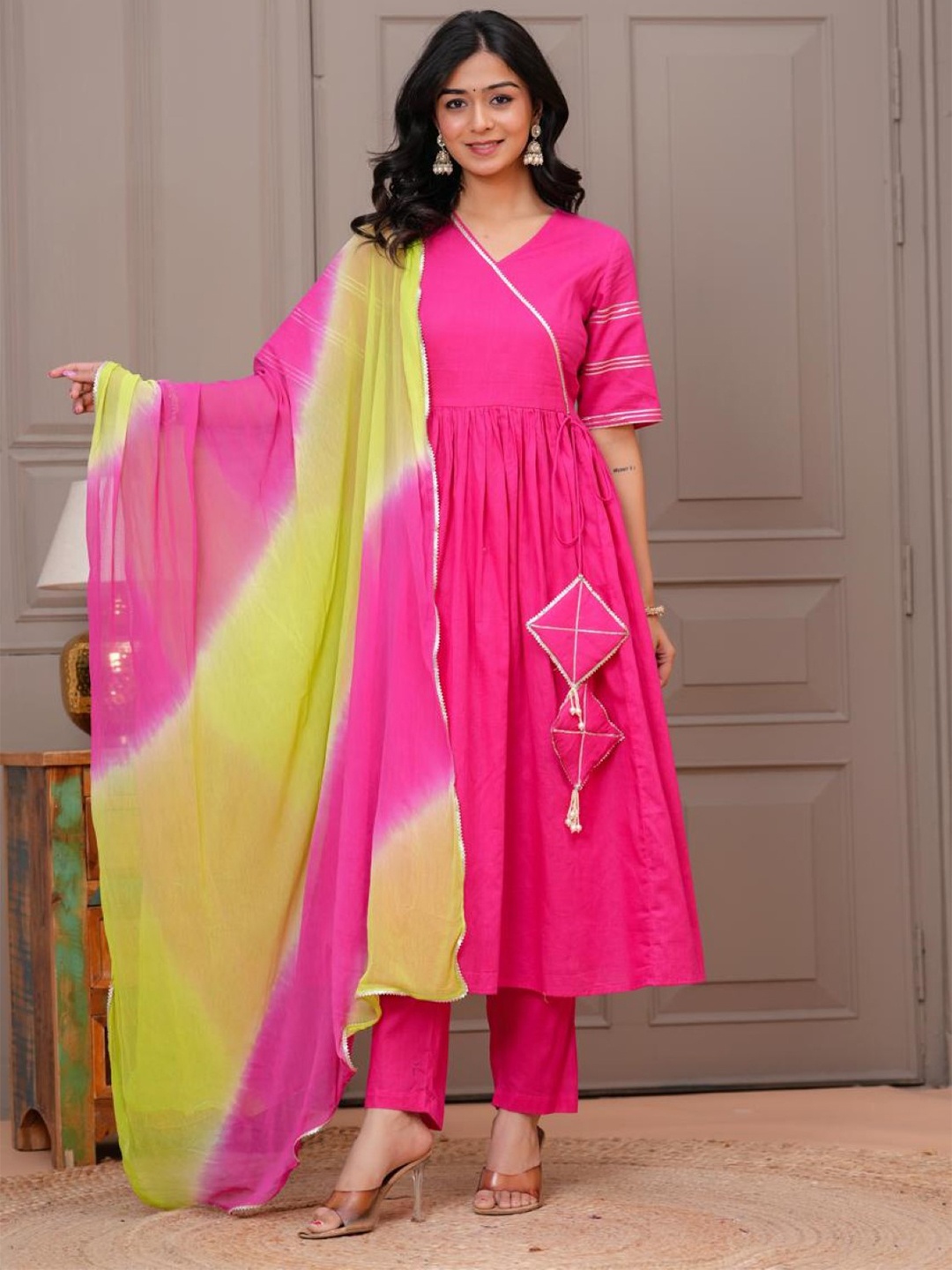 

AUTUMN LANE V-Neck Anarkali Pure Cotton Kurta With Trousers And Dupatta, Pink