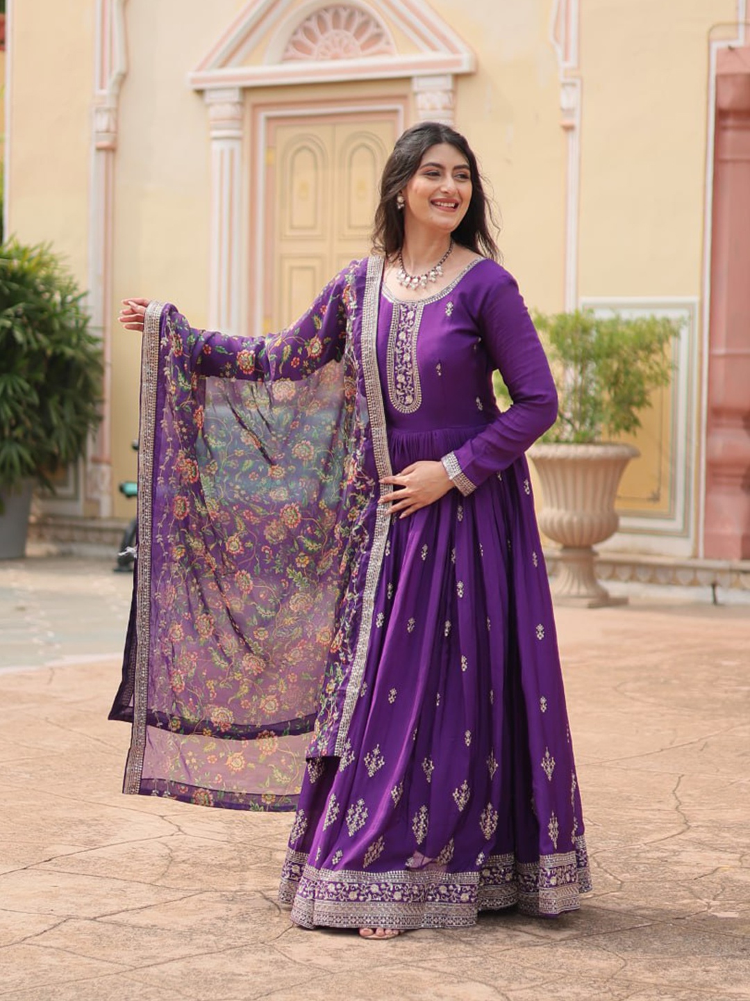 

ZIBLON Embroidered Fit & Flared Ethnic Dresses With Dupatta, Purple
