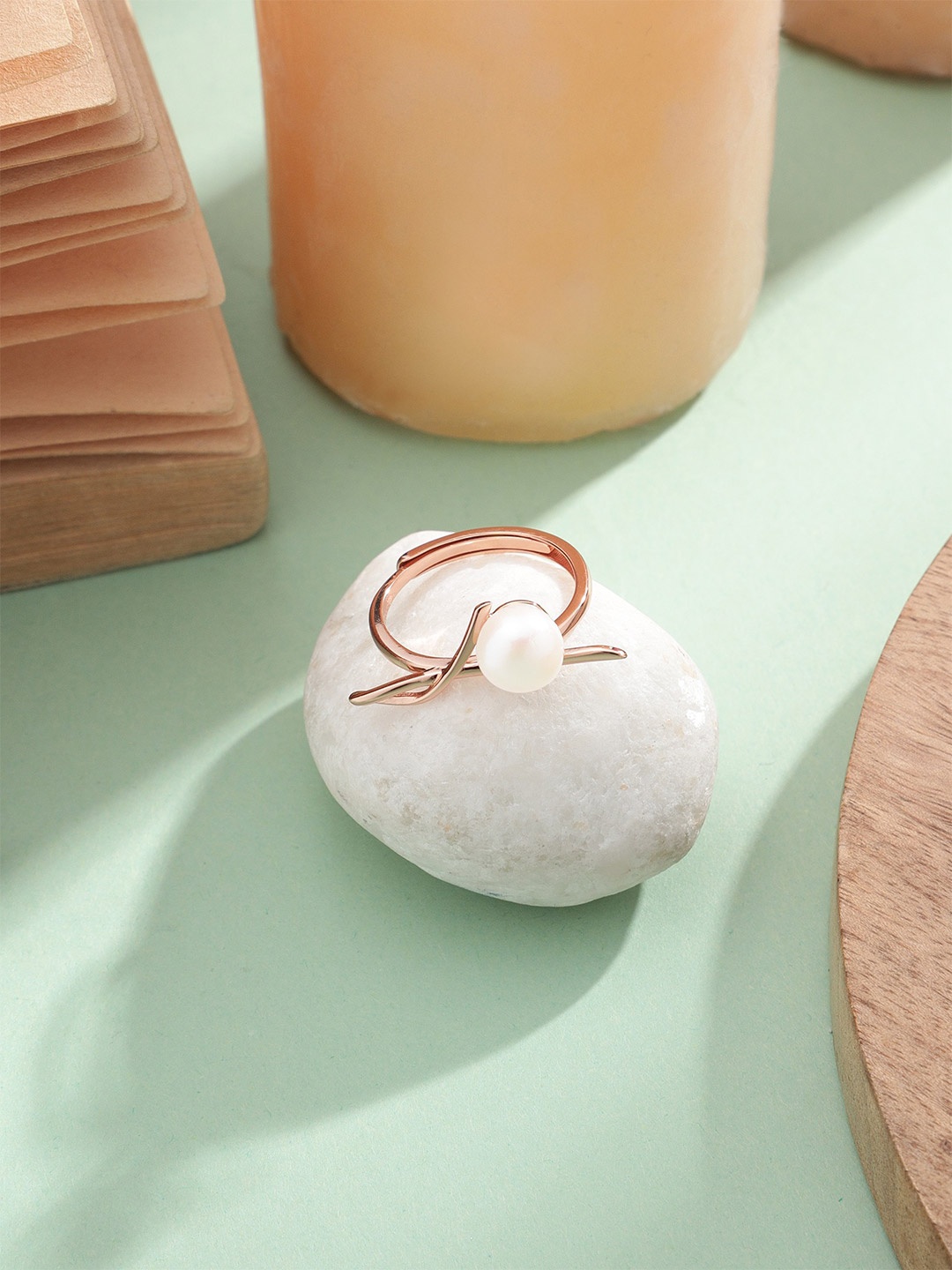 

DIAVO 925 Sterling Silver Rose Gold-Plated Pearls Beaded Finger Ring