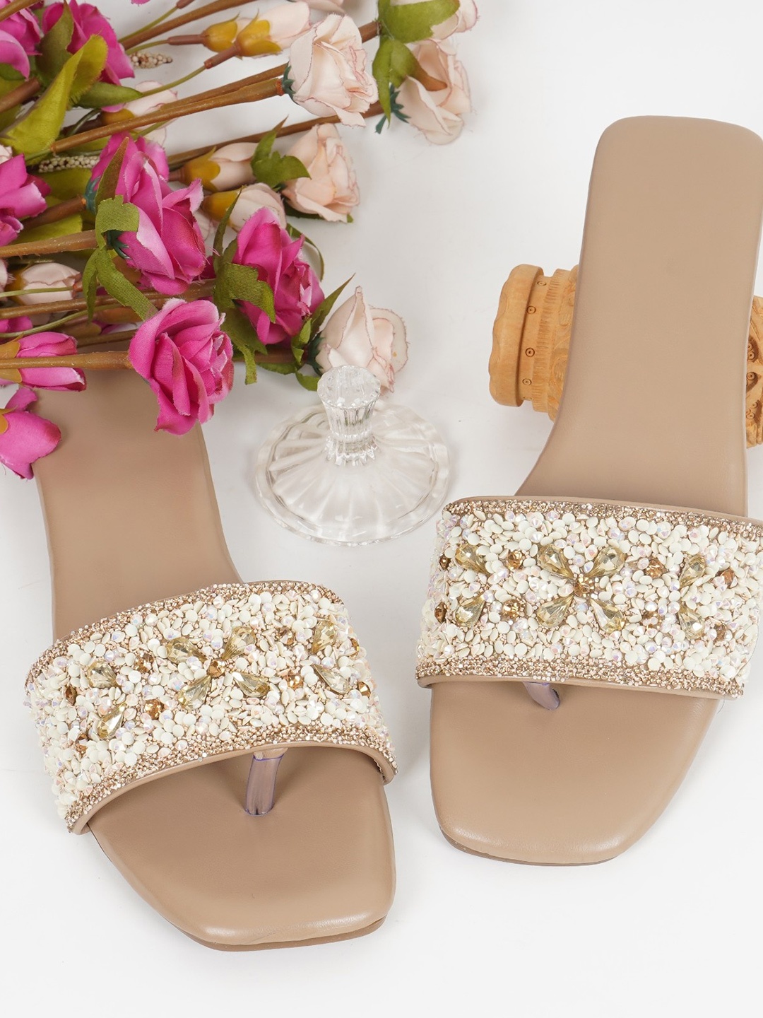 

PIYARI Women Open Toe Flats with Bows, Beige