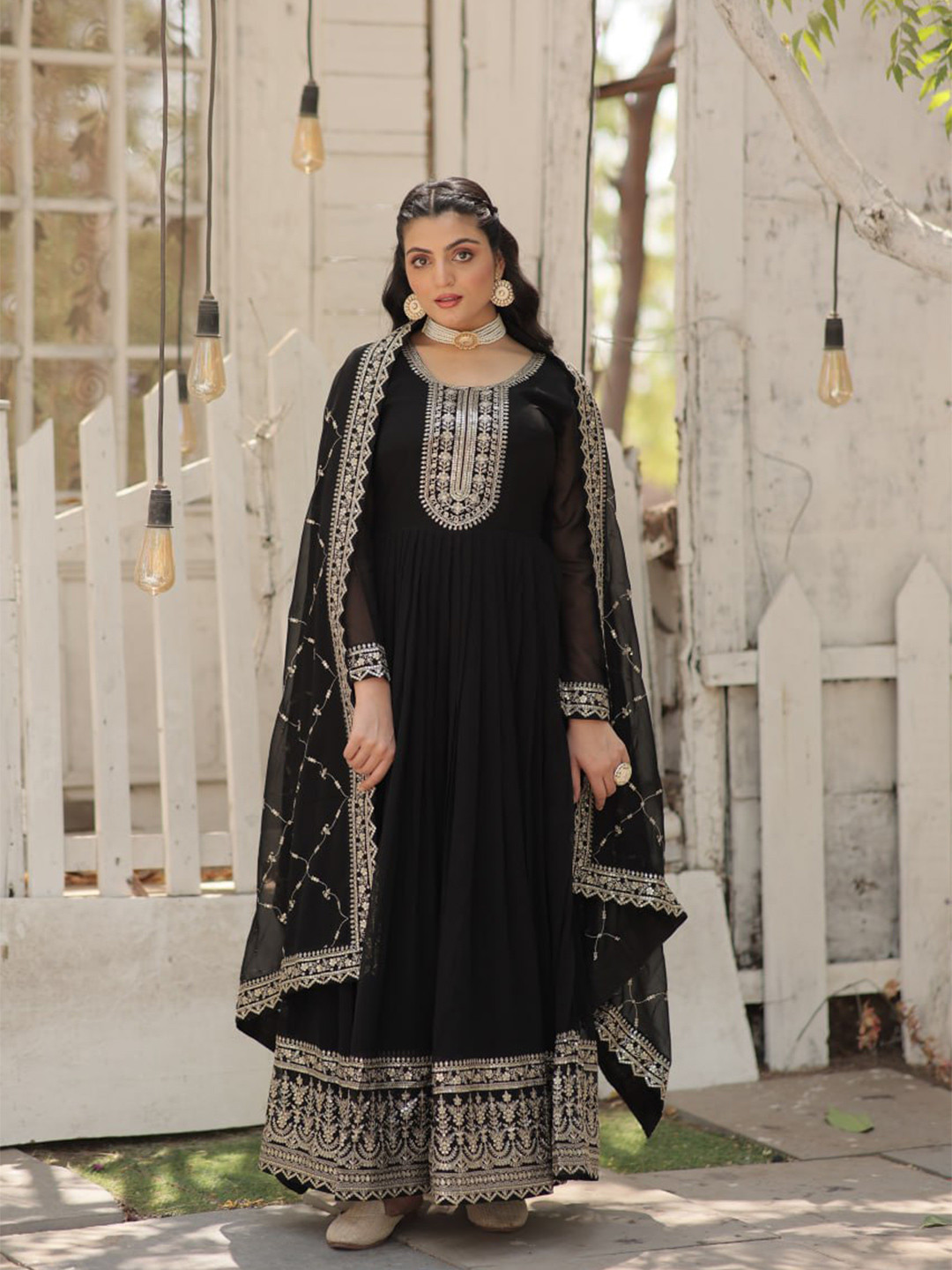

ZIBLON Sequins Embroidered Fit & Flared Gown With Dupatta, Black