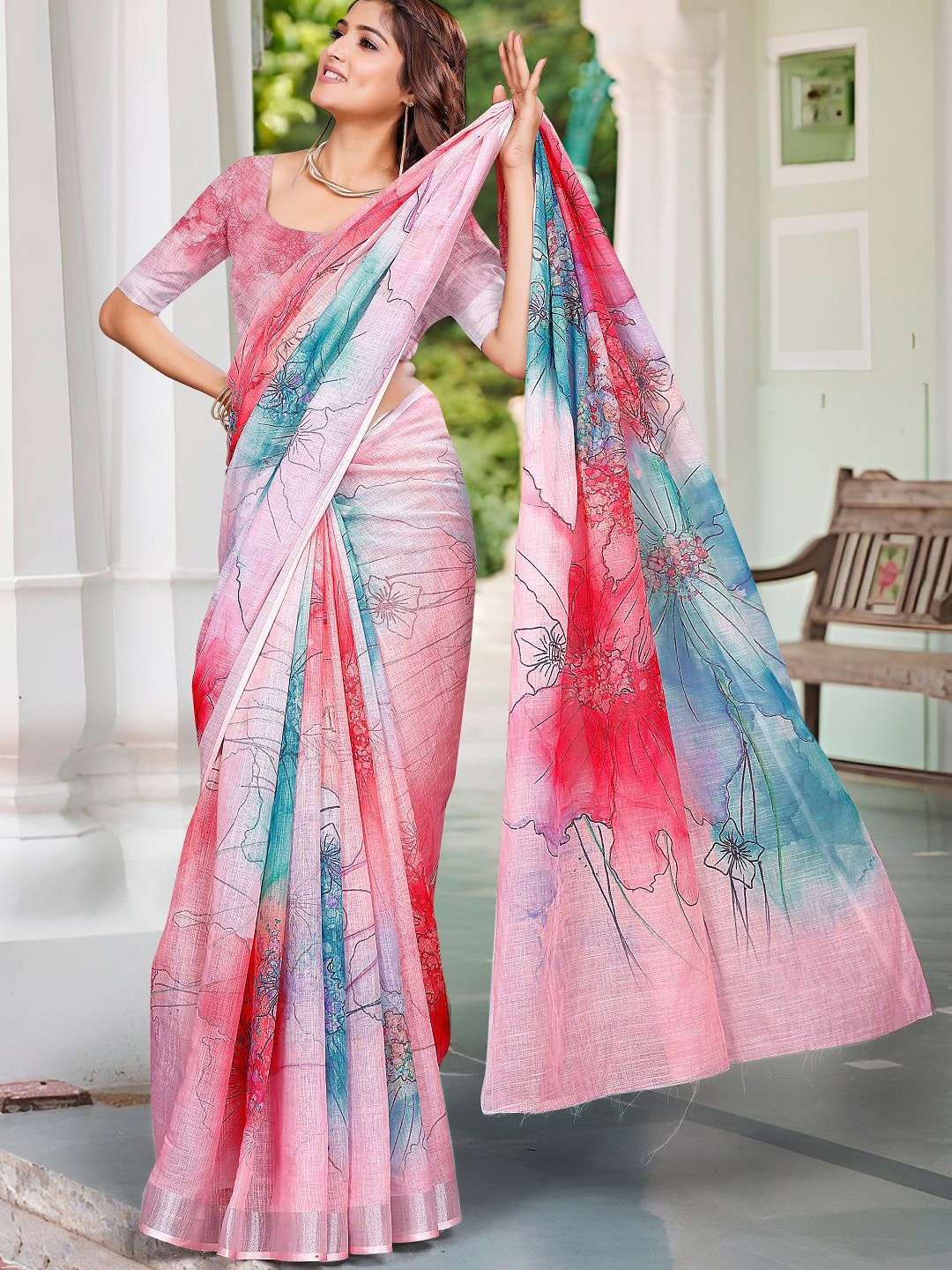 

Iris Floral Printed Zari Pure Cotton Saree, Pink