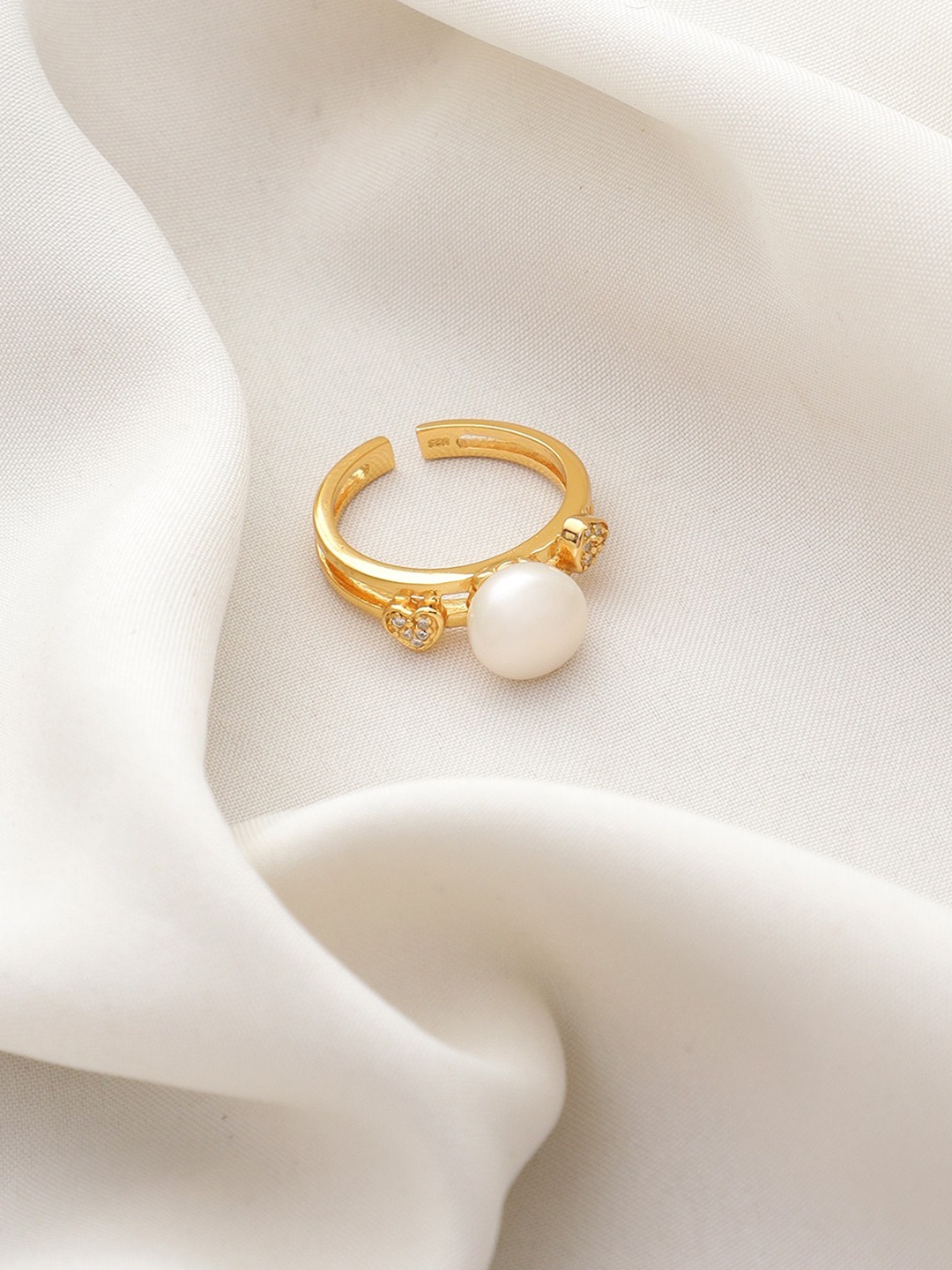 

DIAVO 925 Sterling Silver Gold Plated Pearls Studded Finger Ring