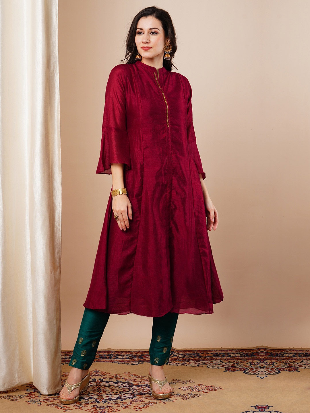 

FASHOR Embroidered Mandarin Collar A-Line Kurta, Maroon