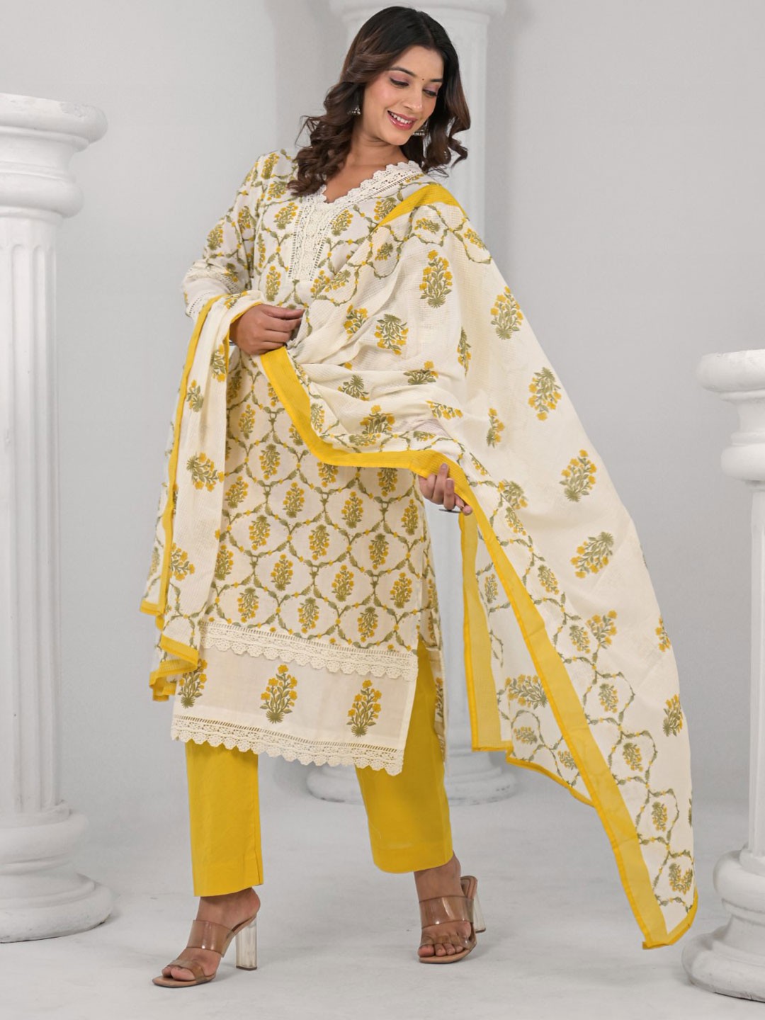 

AUTUMN LANE Floral Printed V-Neck Straight Pure Cotton Kurta With Trousers And Dupatta, Yellow