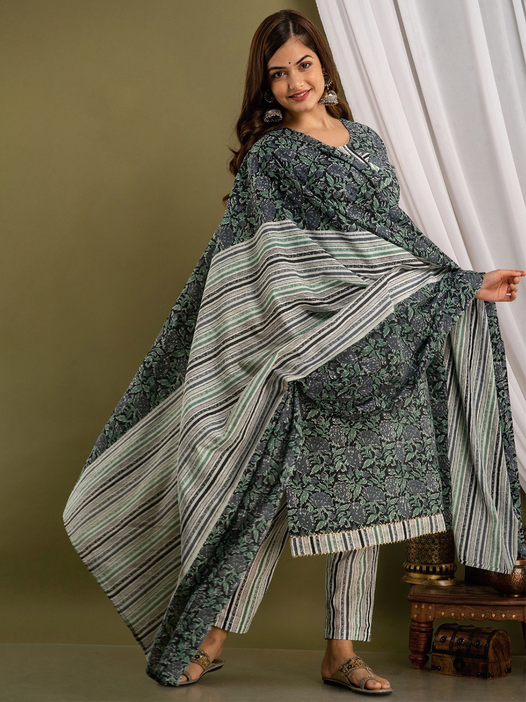 

Prathmikta Floral Printed Pure Cotton Straight Kurta With Trousers And Dupatta, Black