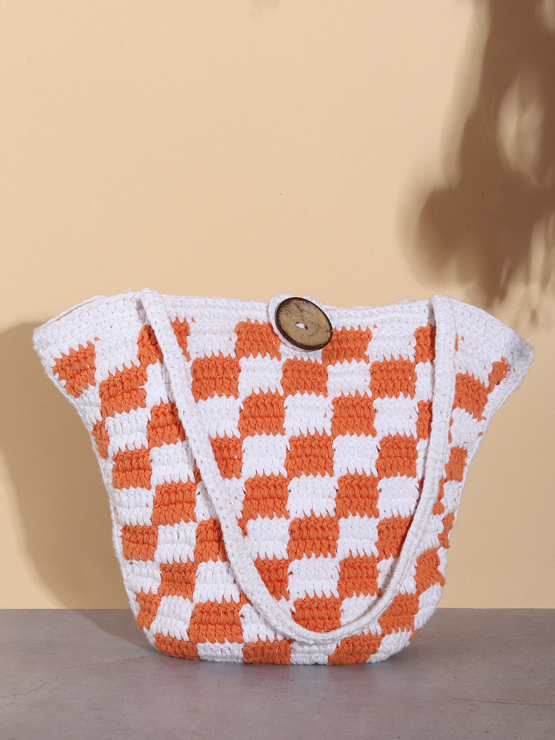 

ITIHASIKALA Women Textured Structured Cotton Tote Bag, Orange