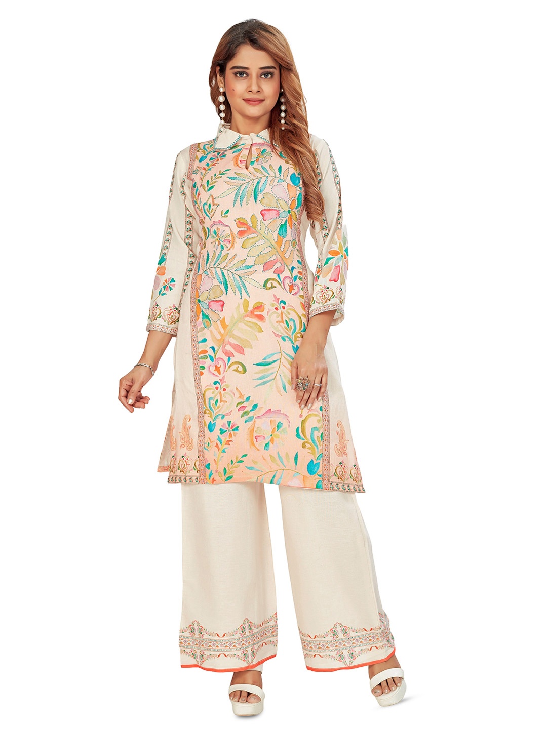 

Amchoor Women Floral Printed Kurta Set, Cream